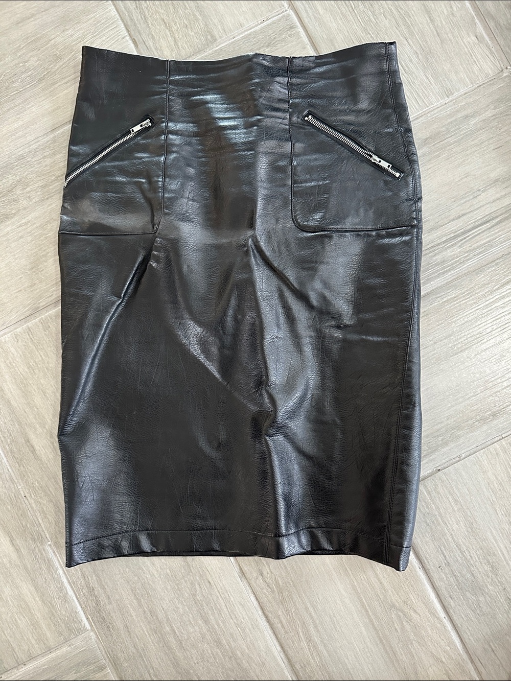 Black Faux Leather Pencil Skirt with Zip Pockets